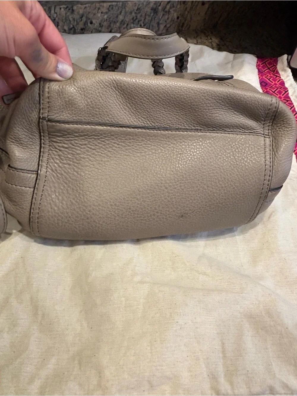 Tory Burch Neutral Taupe Braided-Handle Pebbled Leather Satchel
